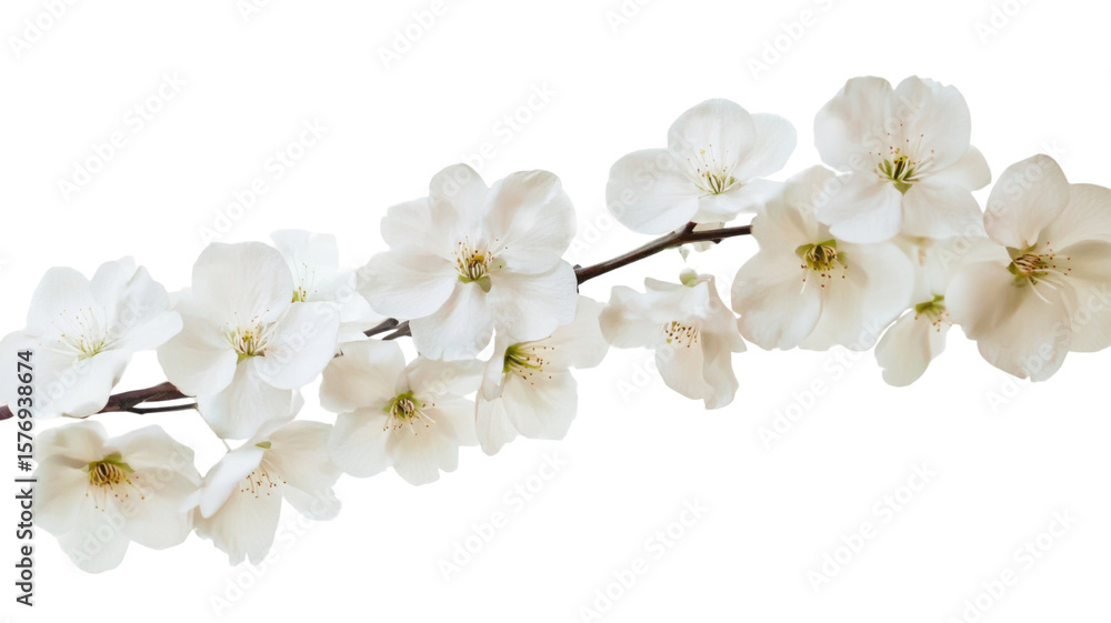 Fototapeta premium Title: Elegant White Flowers on a Single Branch Stalk Isolated Against a Clean White Background