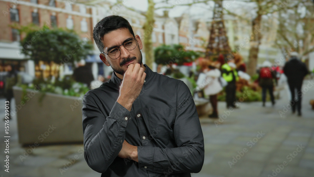 Young man standing thoughtfully on a busy urban street with blurred background, wearing glasses, casual shirt, and holding chin, conveying contemplation and modern lifestyle. Young man standing thoughtfully on a busy urban street with blurred background, wearing glasses, casual shirt, and holding chin, conveying contemplation and modern lifestyle.