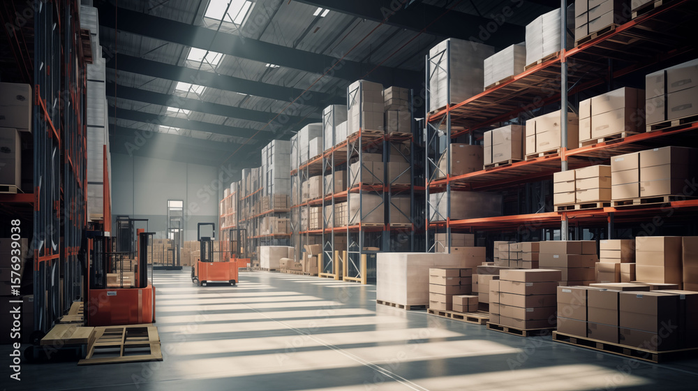 Obraz premium Large modern warehouse interior with tall shelves, forklifts, organized boxes, clean lighting, logistics industry background