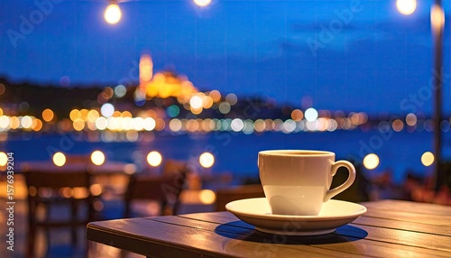 Nighttime coffee overlooking city