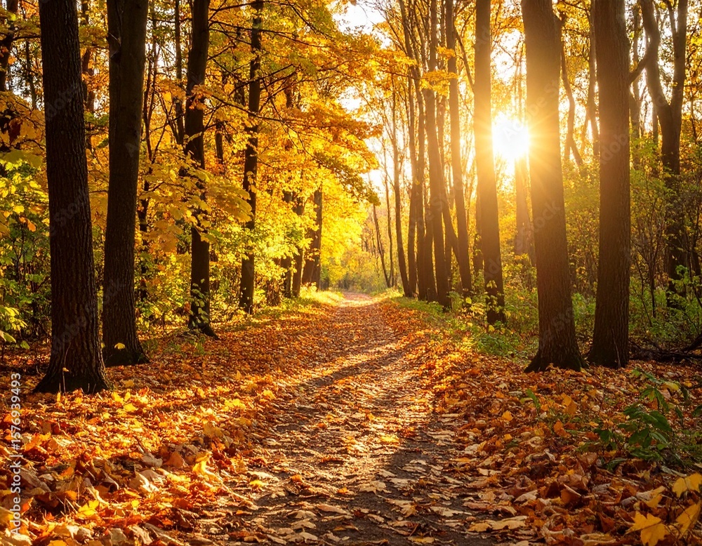 Obraz premium Autumn forest path with fallen leaves, golden hour light, vivid colors, no people
