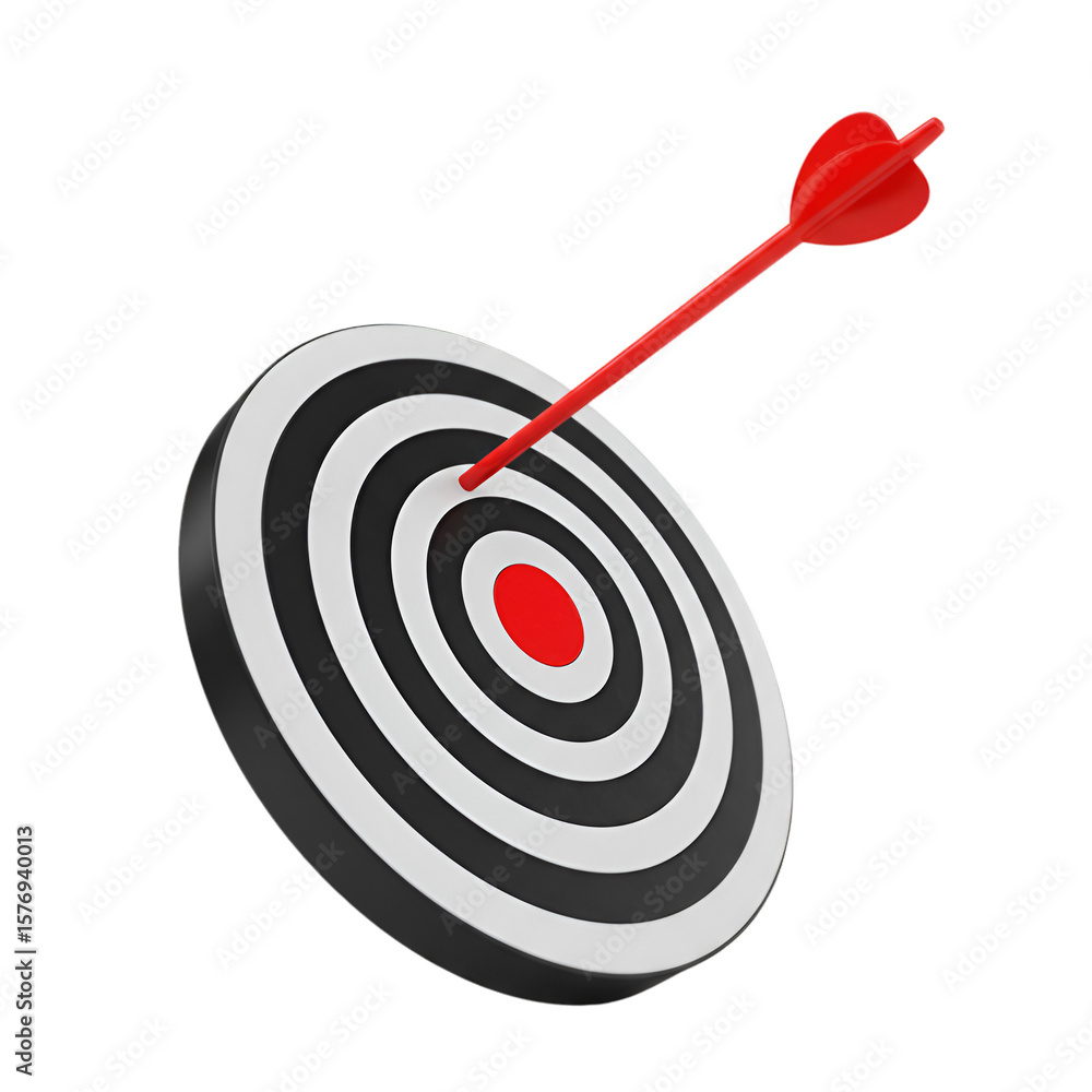 Precise 3D Dartboard Illustration with Red Arrow on Bullseye Success Precise 3D Dartboard Illustration with Red Arrow on Bullseye Success