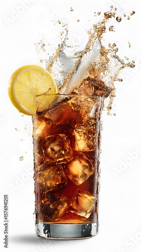 Long Island Iced Tea splashing with lemon twist, ice falling, isolated on transparent background