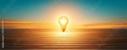 Escape exit minimalist. A glowing light bulb floats above a calm ocean at sunset, symbolizing ideas, innovation, and inspiration.