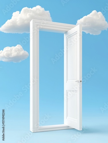 Escape exit minimalist. A white door opens in mid-air against a blue sky, revealing fluffy white clouds, symbolizing freedom, opportunity, and imagination.