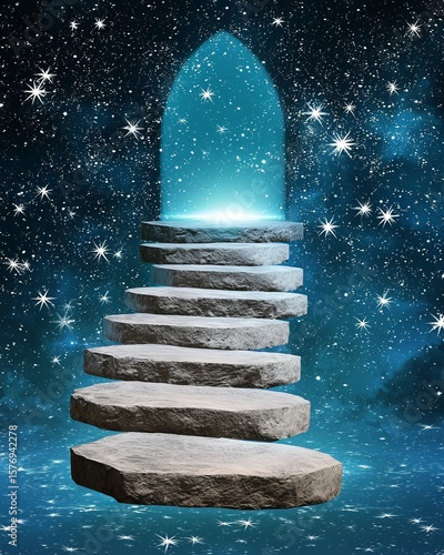 Escape exit minimalist. A surreal floating stone staircase ascends into a starry cosmic sky, leading to a glowing arched doorway filled with radiant blue light.