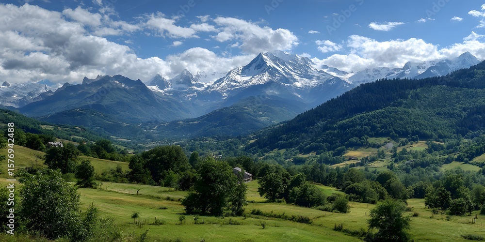 Obraz premium Breathtaking alpine mountain landscape with green valleys and snow-capped peaks under blue sky