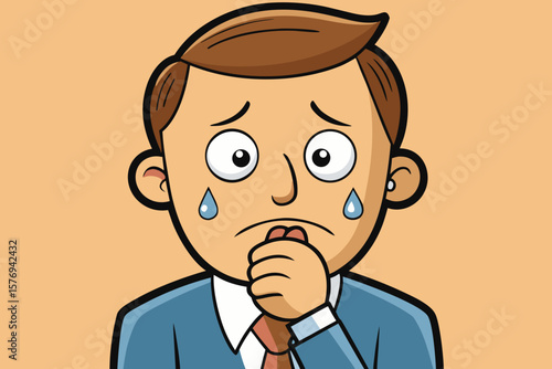 Worried Cartoon Businessman with Tears and Nervous Expression
