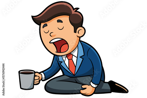 Tired Cartoon Businessman Sitting on Floor Holding Coffee Cup and Yawning
