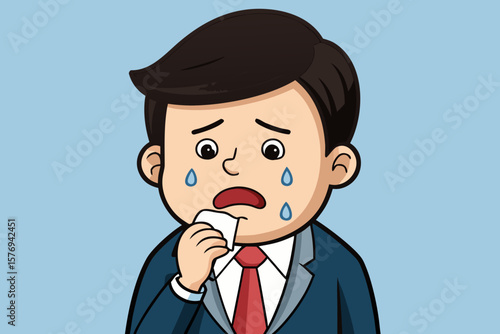 Sad Businessman Cartoon Character Crying and Wiping Tears
