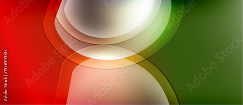 Abstract design features overlapping translucent shapes. Red, green, beige, white colors blend smoothly creating dynamic composition.
