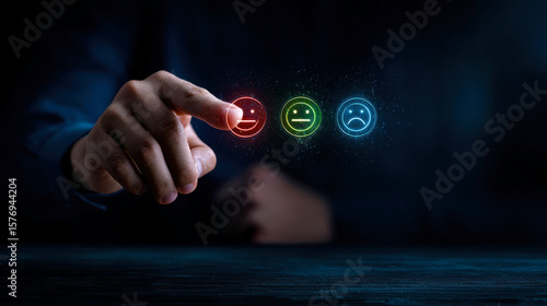 A hand reaches towards three holographic emoticons?happy, neutral, and sad?symbolizing emotional feedback in a digital age, highlighting the importance of user experience and sentiment analysis.