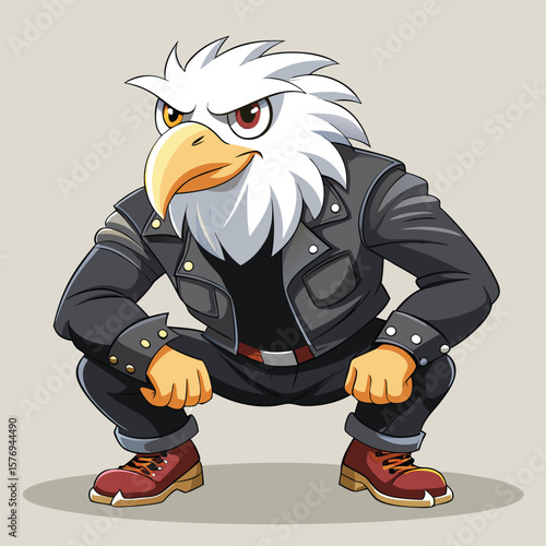Fierce eagle character wearing leather jacket and boots