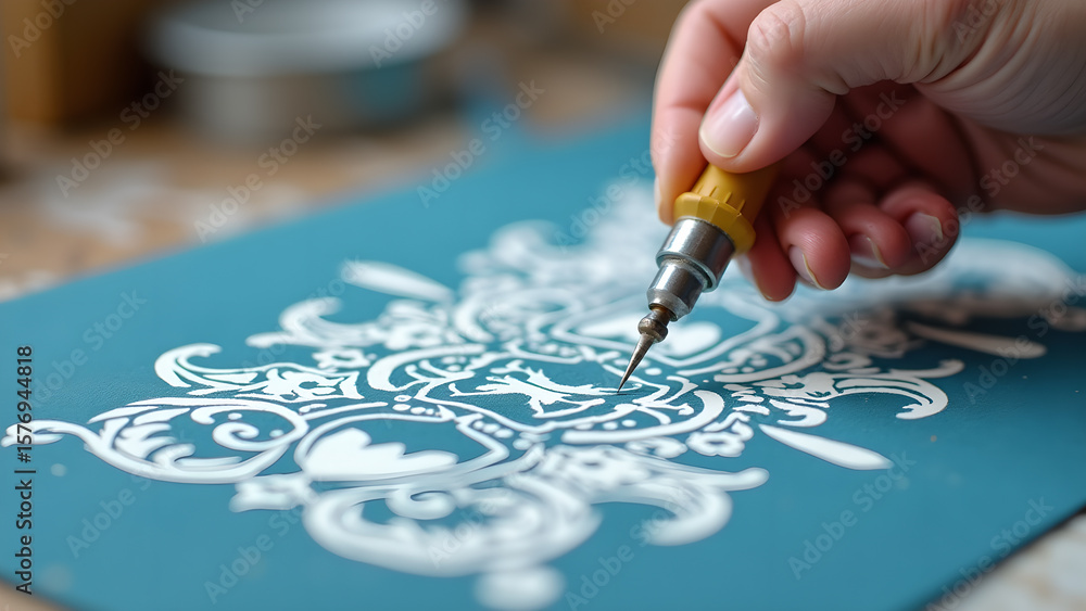 Naklejka premium Close up of hand engraving detailed design on linoleum block with specialist tool engraving process