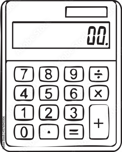 Simple black and white line drawing of a basic calculator with a digital display showing zero and a numeric keypad