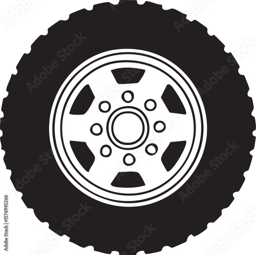 Black silhouette of a rugged off road tire and rim with a five spoke design on a white background