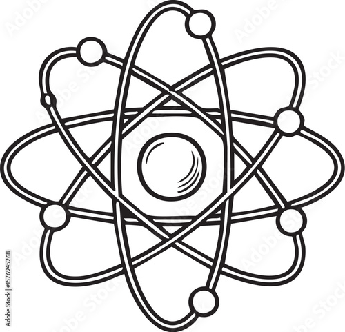 Stylized black and white outline drawing of an atom model with orbiting electrons and a central nucleus