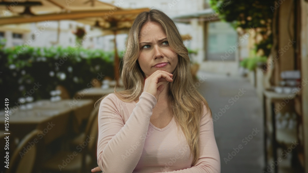 Fototapeta premium Female presents both open palms outward gesture on a busy restaurant terrace during daytime; indecision uncertainty choice doubt.
