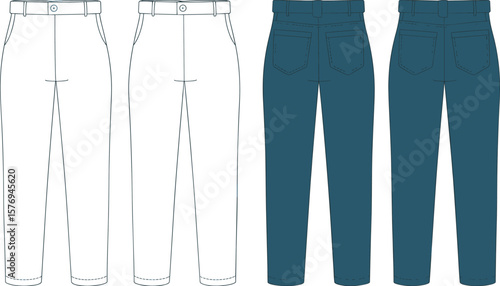 Flat front and back view of modern straight-leg trousers, technical fashion sketch, apparel design, vector pants template illustration