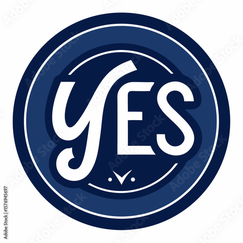 Navy blue rounded confirmation label with the word yes on a clean white background