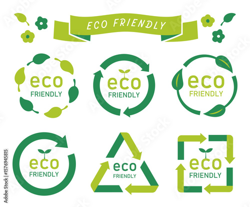 eco friendlyと書かれたサークル型のアイコンセット（エコ 環境 サステナブル 表示マーク ベクター）