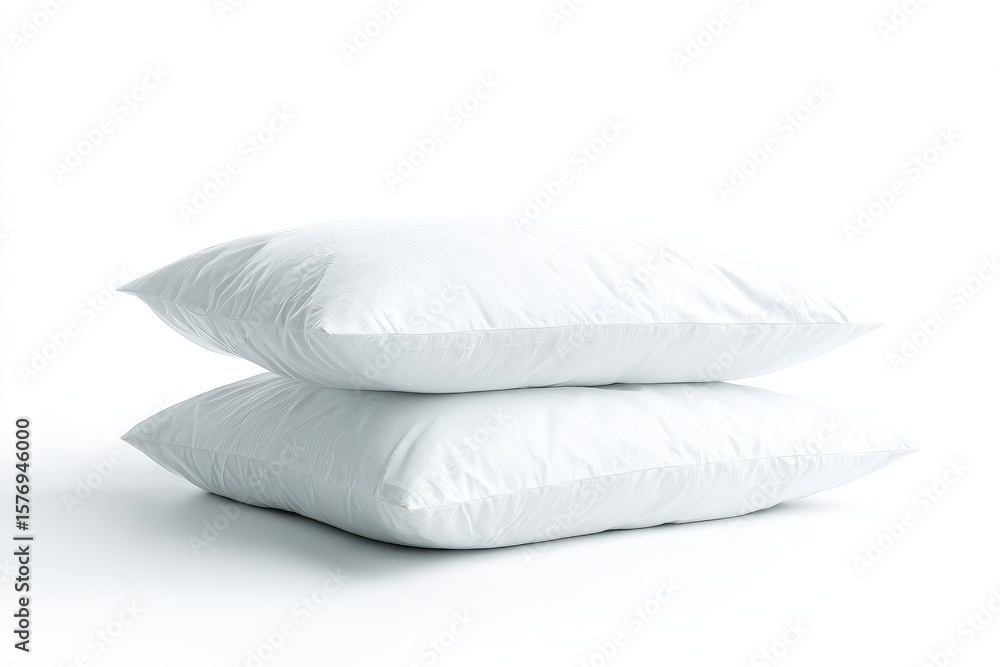 Two pristine white pillows stacked neatly on a plain white background, showcasing their soft, smooth texture and rectangular shape Two pristine white pillows stacked neatly on a plain white background, showcasing their soft, smooth texture and rectangular shape