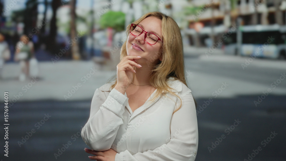 Fototapeta premium Woman smiling outdoors with blonde hair wearing glasses and a white shirt standing on a busy city street with a thoughtful expression against a blurred background.