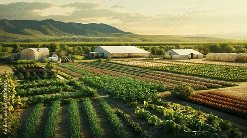 Scenic agricultural landscape featuring diverse crops and innovative farming structures