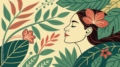 Girl with flowers in her hair beautiful floral vector illustration