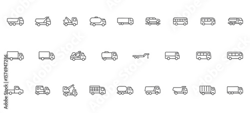 Commercial Vehicles Line Icons – Unique Truck, Van, Bus, and Utility Vehicle Symbols for Fleet Management, Transport Apps
