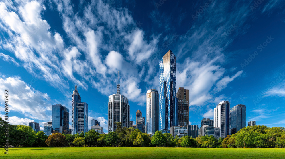 Fototapeta premium A breathtaking panoramic view of a bustling city skyline against a backdrop of vibrant blue skies and fluffy clouds, framed by lush green parkland, showcasing urban beauty and tranquility.