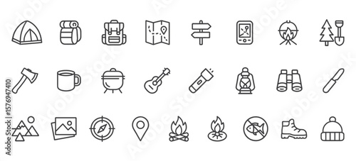 Camping & Outdoor Adventure Line Icons – Unique Minimalist Vector Pack for Hiking, Travel, and Nature-Themed Designs