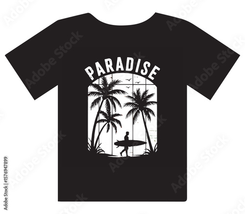 Surfer walks towards paradise beach with palm trees and ocean waves, vacation vibe.