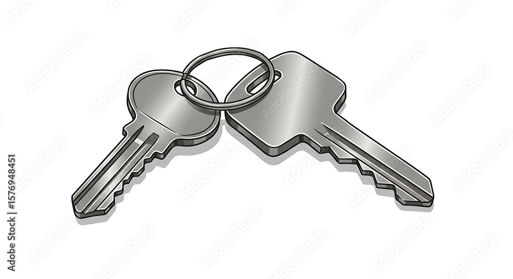 A pair of metal keys connected by a ring lying on a white surface in a simple illustration style A pair of metal keys connected by a ring lying on a white surface in a simple illustration style