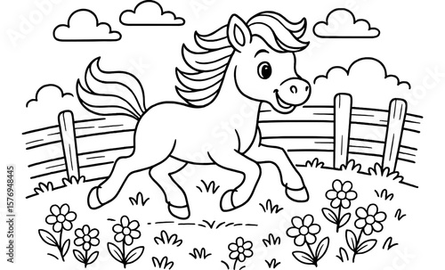 Cute horse in glowing night scene with flowers and clouds