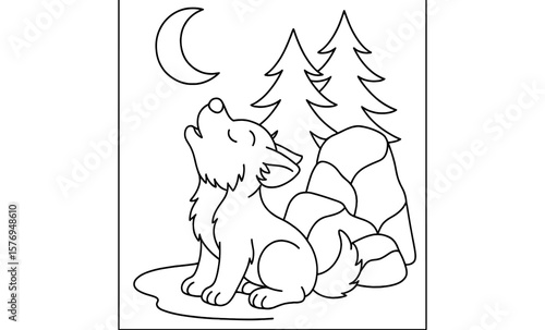 Silhouette of a howling wolf by moonlight with trees and rocks