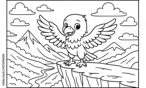 Cartoon eagle in mountain landscape coloring page for kids