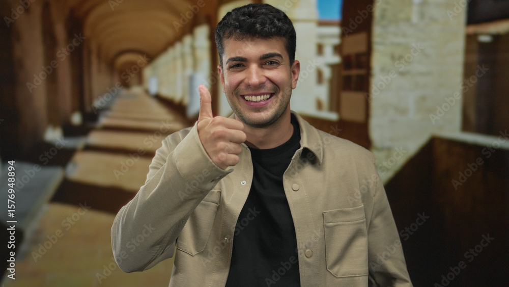Fototapeta premium Man pointing finger to mouth in stone corridor; happiness excitement.