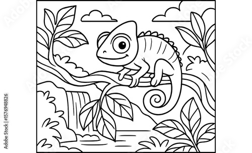 Whimsical chameleon in nature scene with outline style