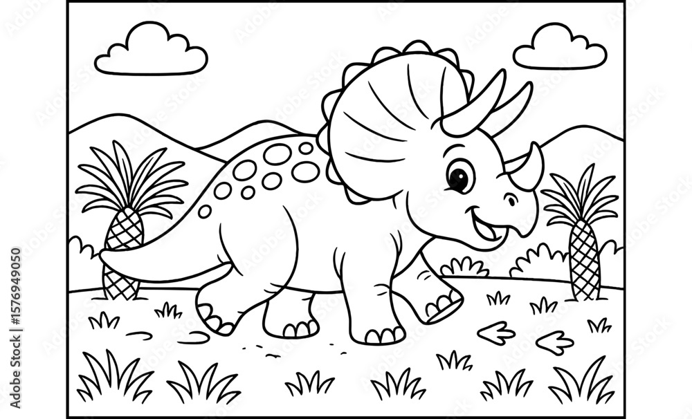 Naklejka premium Cute triceratops coloring page for kids with landscape and clouds