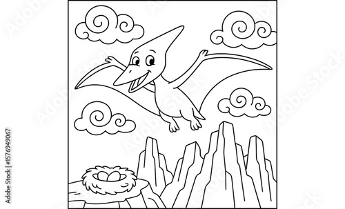 Coloring page: smiling pterodactyl with eggs among clouds and mountains