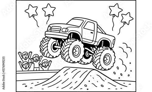 Monster truck jumping over ramp with excited crowd and stars in black and white outline