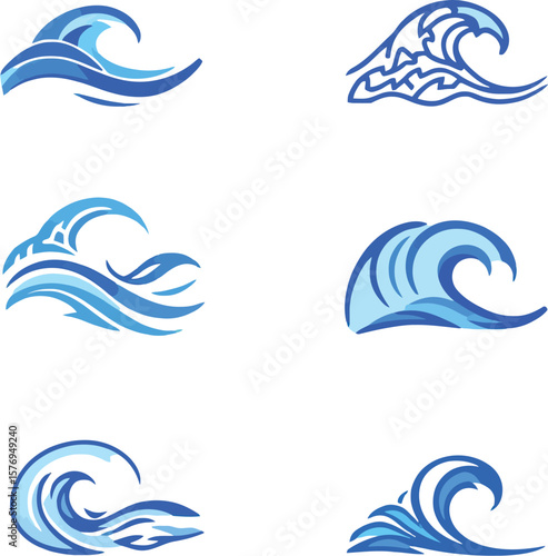 Ocean Wave Vector Icons – Blue Minimal Set of Stylized Sea Surges, Artistic Tides & Coastal Waterforms.