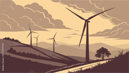 Wind turbines on mountain and field landscape during sunset sky