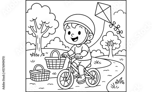 Happy child cycling in park with kite and picnic baskets coloring page