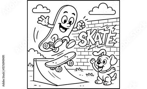 Playful cartoon skateboard and puppy in monochrome adventure scene