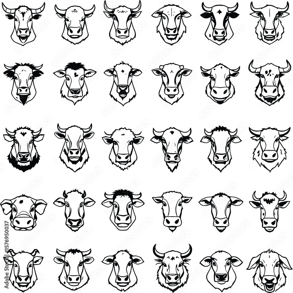 Cartoon Cow Head Vector Set – 30 Whimsical Black & White Farm Animal Faces in Playful Line Art Style. Cartoon Cow Head Vector Set – 30 Whimsical Black & White Farm Animal Faces in Playful Line Art Style.