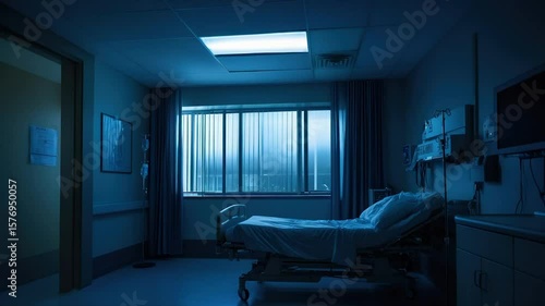 Dimly lit hospital room at night, empty bed