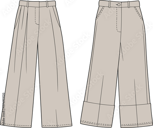 Flat sketch of women’s wide-leg trousers, front view with pleats and cuffed hem, fashion technical drawing for apparel design