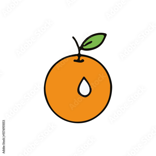 Simple illustration of an orange with a green leaf and a drop of juice against a white background.